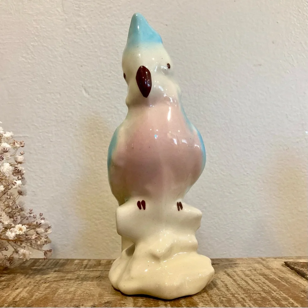 Pair Vintage Parakeet Ceramic Figurines 6” Tall Pinks and Blue